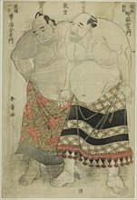 Sumo Wrestlers of the Eastern Group: (right) Nijigadake Somaemon of Sekiwake Rank fro..., c. 1782/83 Creator: Shunsho.