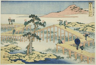 Ancient View of the Eight-planked Bridge in Mikawa Province (Mikawa no Yatsuhashi..., c. 1833/34. Creator: Hokusai.
