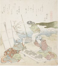 Recycling Paper, illustration for The Fulling-block Shell (Kinuta gai), from the series "A..., 1821. Creator: Hokusai.