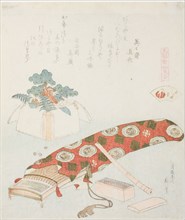 Koto and New Year’s Offering, illustration for The Akoya Beach Shell (Akoyagai), from the ..., 1821. Creator: Hokusai.