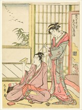 Descending Geese for Bunshichi (Bunshichi no rakugan), from the series "Eight Views of..., 1781/89. Creator: Hokusai.