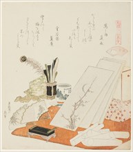 The Studio, illustration for The White Shell (Shiragai), from the series "A Matching Game ..., 1821. Creator: Hokusai.