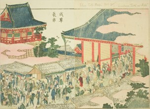 The End-of-year Market at Asakusa (Asakusa mino ichi), from the illustrated book "Pictu..., c. 1802. Creator: Hokusai.