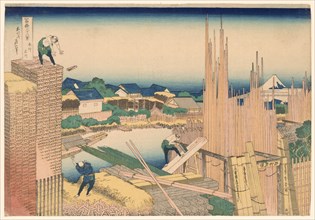 Tatekawa River Lumberyard at Honjo (Honjo Tatekawa), from the series "Thirty-six..., c. 1830/33. Creator: Hokusai.
