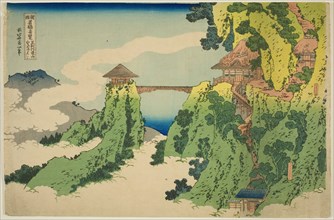 The Hanging-Cloud Bridge at Mount Gyodo near Ashikaga (Ashikaga Gyodozan kumo no ka..., c. 1833/34. Creator: Hokusai.