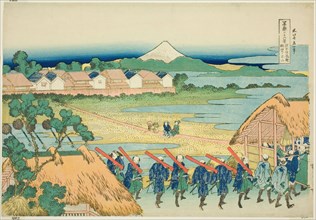 Mount Fuji Seen from the Senju Pleasure Quarter (Senju kagai yori chobo no Fuji)..., c. 1830/33. Creator: Hokusai.