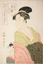 Wakaume of the Tamaya in Edo-cho itchome, and her child attendants Mumeno and Iroka..., c. 1793/94. Creator: Kitagawa Utamaro.