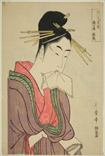 Hinazuru of the Keizetsuro, from the series "Comparing the Charms of Beauties (Bijin..., c. 1794/95. Creator: Kitagawa Utamaro.