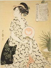 Beauty Wearing a Summer Kimono, from the series "New Patterns of Brocade Woven in..., c. 1796/98. Creator: Kitagawa Utamaro.