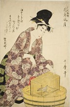 Murasaki Shikibu: Bird, from the series "Famous Women and Their Poems on Flowers..., c. 1805. Creator: Kitagawa Utamaro.