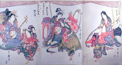 Kintaro, Urashimataro, and Momotaro, from the triptych "Set of Three Sake Cups for the..., c1800/01. Creator: Kitagawa Utamaro.