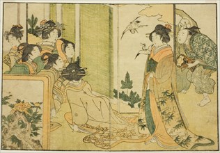 New Year Manzai Performance at a Feudal Lord's Mansion, from the illustrated book "Picture..., 1801. Creator: Kitagawa Utamaro.