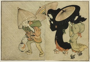 Two Women and Attendant Caught in a Storm, from the illustrated book "Picture..., New Year, 1801. Creator: Kitagawa Utamaro.