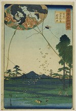 Kites of Fukuroi and Distant View of Akiba in Totomi Province (Enshu Akiba enkei Fukuroi t..., 1859. Creator: Utagawa Hiroshige II.