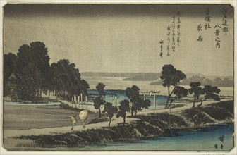 Evening Rain at Azuma Shrine (Azuma no mori yau), from the series "Eight Views...,c. 1837/38. Creator: Ando Hiroshige.