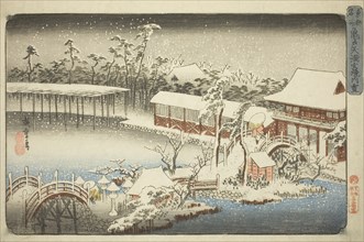 The Compound of the Tenman Shrine at Kameido in the Snow (Kameido Tenmangu keidai no..., c. 1832/38. Creator: Ando Hiroshige.