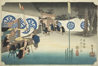 Seki: Early Departure from the Main Camp (Seki, honjin hayadachi), from the series..., c. 1833/34. Creator: Ando Hiroshige.