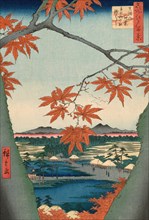 Maple Trees at Mama, Tekona Shrine and Tsugi Bridge (Mama no momiji, Tekona no yashiro, Ts..., 1857. Creator: Ando Hiroshige.