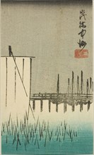Eitai Bridge, Nakasu, and Mitsumata (Eitaibashi Nakasu Mitsumata), section of a sheet from..., 1852. Creator: Ando Hiroshige.
