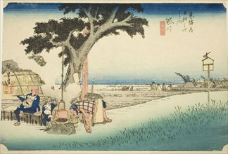 Fukuroi: Tea Stall (Fukuroi, dejaya no zu), from the series "Fifty-three Stations of..., c. 1833/34. Creator: Ando Hiroshige.