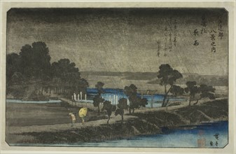 Evening Rain at Azuma Shrine (Azuma no mori yau), from the series "Eight Views in..., c. 1837/38. Creator: Ando Hiroshige.