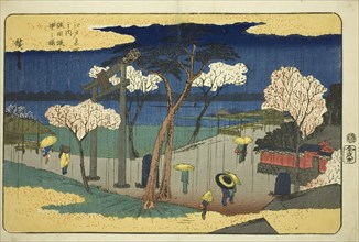 Cherry Blossoms in Rain at the Sumida Embankment (Sumida zutsumi uchu no sakura)..., c. 1832/34. Creator: Ando Hiroshige.