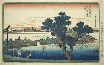 View of the Lotus Pond at Shinobugaoka (Shinobugaoka hasuike no zu), from the series..., c. 1831. Creator: Ando Hiroshige.