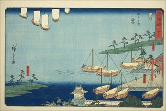 Miya: Shichiri Ferry Crossing, Gate to the Atsuta Shrine, and Nezame Village (Miya..., c. 1847/52. Creator: Ando Hiroshige.
