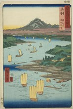 Dewa Province: Mogami River and a Distant View of Mount Gassan (Dewa, Mogamigawa, Gassan e..., 1853. Creator: Ando Hiroshige.