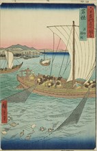 Wakasa Province: Fishing Boat Netting Flatfish (Wakasa, gyosen karei ami), from the series..., 1853. Creator: Ando Hiroshige.