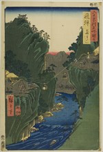 Hida Province: Basket Ferry (Hida, Kagowatashi), from the series "Famous Places in the..., 1853. Creator: Ando Hiroshige.