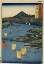 Dewa Province: Mogami River and a Distant View of Mount Gassan (Dewa, Mogamigawa, Gassan e..., 1853. Creator: Ando Hiroshige.