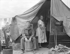 Part of migrant family of five, encamped near Porterville, California, 1936. Creator: Dorothea Lange.