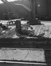Scene in railroad yard, Sacramento, California, 1936. Creator: Dorothea Lange.