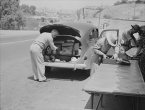 Inspection station on the California-Arizona state line maintained by..., 1937. Creator: Dorothea Lange.