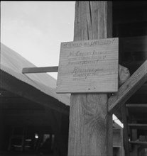 Sign at a tomato packing shed for migrant and local labor, Hazelhurst, Mississippi, 1937. Creator: Dorothea Lange.