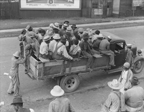 Cotton hoers are transported to the fields daily during the season, Memphis, Tennessee, 1937. Creator: Dorothea Lange.