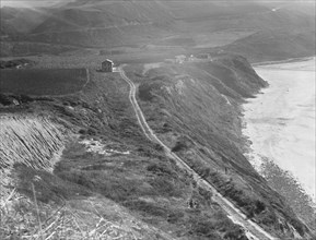 Artichoke farms reach to the water's edge, near Half Moon Bay, California coast , 1938. Creator: Dorothea Lange.