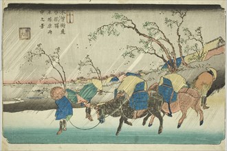 No. 20: Rain on the Hiratsuka Plain near Kutsukake Station (Niju: Kutsukake no eki..., c. 1835/36. Creator: Ikeda Eisen.