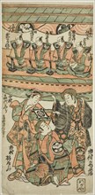 The Actors Ichimura Uzaemon VIII, Ichimura Kamezo I as Wankyu, and Nakamura Kiyosaburo I a..., 1750. Creator: Torii Kiyonobu II.