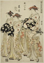 The Courtesan Hanaogi of the Ogiya with Her Attendants Yoshino and Tatsuta, from the..., c. 1781. Creator: Torii Kiyonaga.