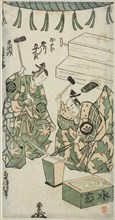 The Actors Fujikawa Heikuro as Masamune and Matsushima Kichisaburo as Rai Kunitsugu in the..., 1746. Creator: Torii Kiyonobu II.