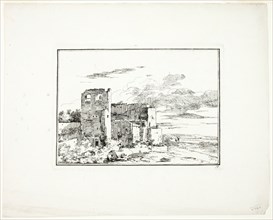 Ruined Buildings near a River Bank, plate 9 from Quatrieme suite de paysages dessinés e..., c. 1779. Creator: Louis Gabriel Moreau.