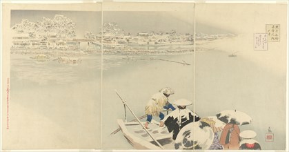 Second Month: Matsuchi Hill in Snow at Dusk (Kisaragi, Matsuchiyama yuki no tasogare), fro..., 1896. Creator: Kobayashi Kiyochika.