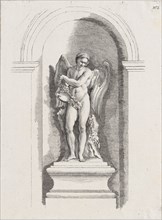 Standing male angel holding an empty bowl and looking down; a..., possibly mid to late 18th century. Creator: Anon.