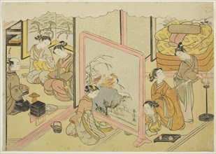 A Cup of Sake before Bed (Toko sakazuki), the sixth sheet of the series "Marriage in..., c. 1769. Creator: Suzuki Harunobu.