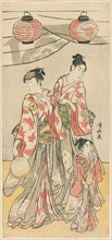 The Actors Yamashita Mangiku, Iwai Hanshiro IV, and Iwai Kumesaburo from a pentaptych of e..., 1788. Creator: Torii Kiyonaga.
