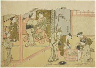 The First Childbirth (Uizan), the seventh sheet of the series "Marriage in Brocade..., c. 1769. Creator: Suzuki Harunobu.