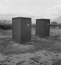 Twenty-four portable toilets, mobile camp (FSA)..., Merrill, Klamath County, Oregon, 1939. Creator: Dorothea Lange.