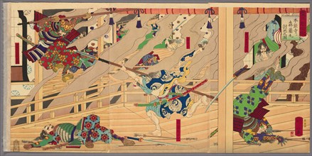 Mori Ranmaru Killed in Battle at Honnoji (Honnoji ni Mori Ranmaru uchijini no zu), from th..., 1886. Creator: Yoshifuji.